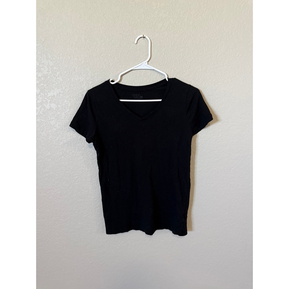 Time and Tru Womens XS Black V-Neck Short Sleeve Basic Tee T-Shirt